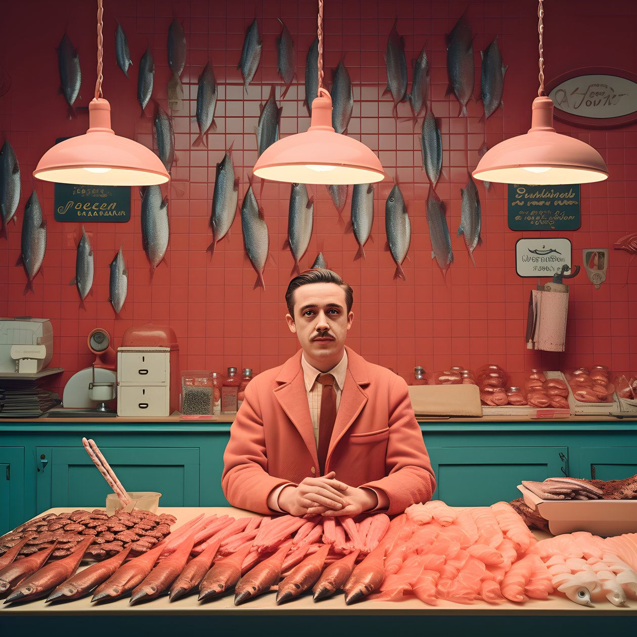 et surrealistisk billede af en polsk fiskehandler fra 1950