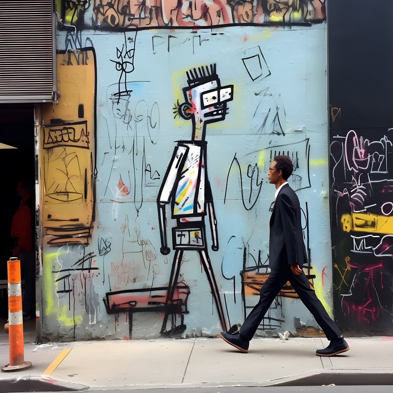 en malet figur kommer til live, da han går ned ad en gade i New York, surrealistisk foto 1 af Kurt Heppke