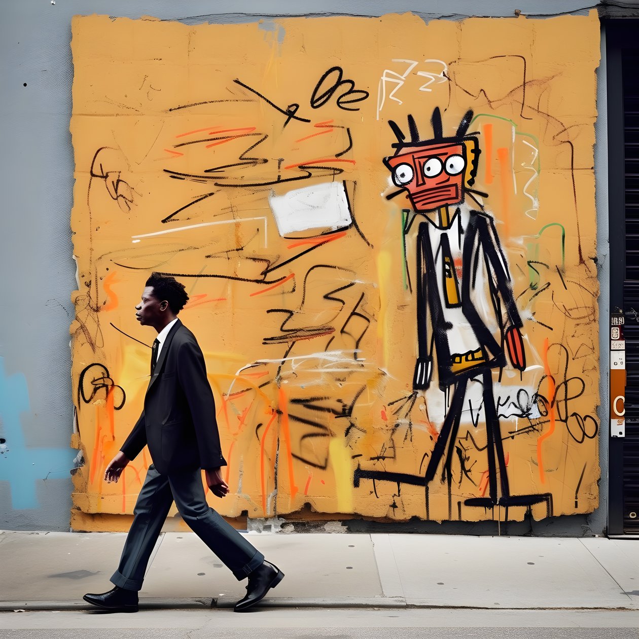 en malet figur kommer til live, da han går ned ad en gade i New York, surrealistisk foto 3 af Kurt Heppke