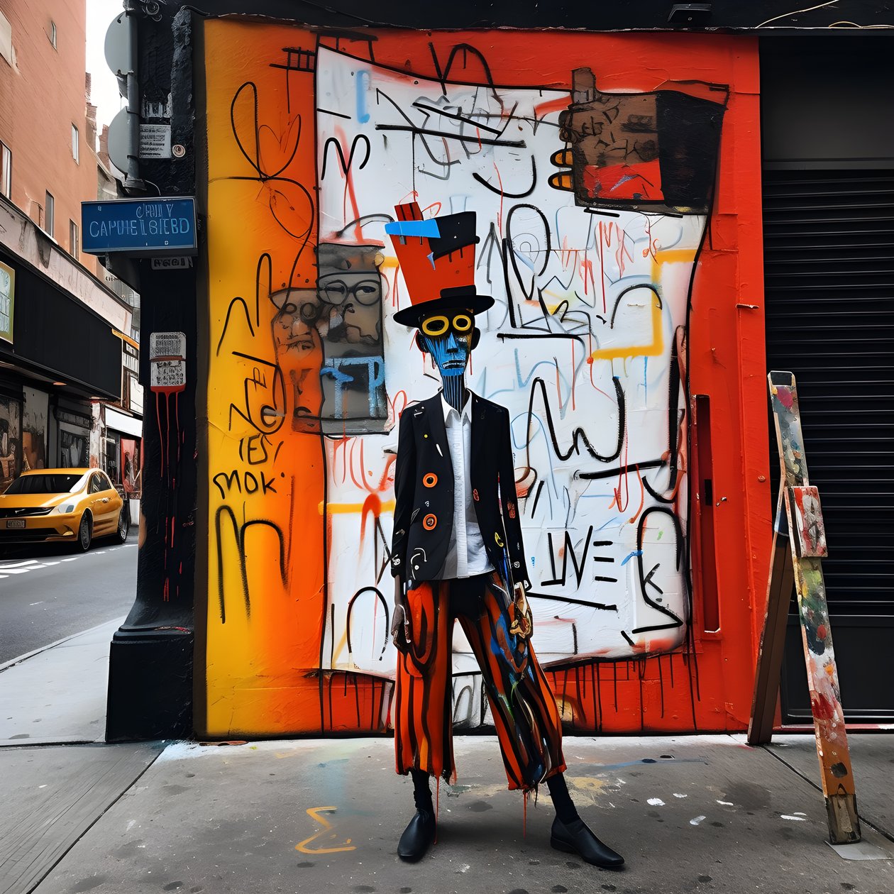 en malet figur kommer til live, da han går ned ad en gade i New York, surrealistisk foto 4 af Kurt Heppke