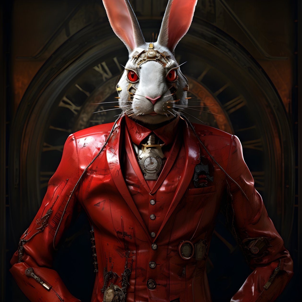 mandlig antropomorfisk kybernetisk ur punk android bunny, i rød frakke 2 af Kurt Heppke