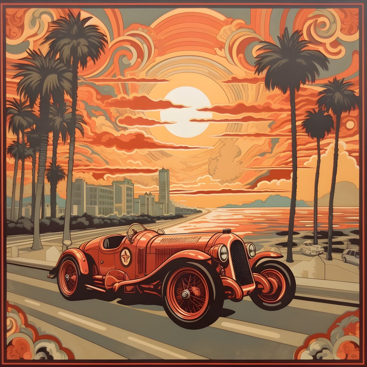 kaunis, elegantti, minimalistinen, tikattu mestariteos Shepard Faireyn taiteelliseen tyyliin::1, joka muistelee vuoden 1940 Monacon Grand Prix -kilpailua, historiallisia kilpa-autoja, jotka kilpailevat keskenään. 1 af Kurt Heppke