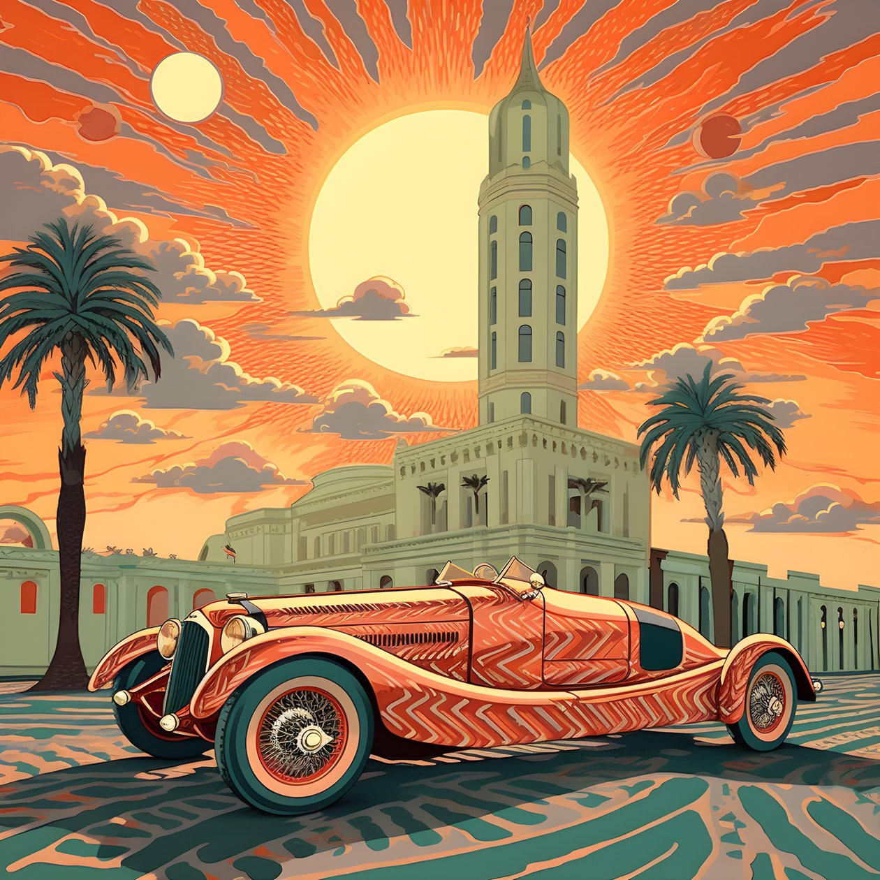 smukt, elegant, minimalistisk, quiltet mesterværk i den kunstneriske stil af Shepard Fairey::1 til minde om Monaco Grand Prix i 1940, historiske racerbiler, der konkurrerer mod hinanden. 2 af Kurt Heppke