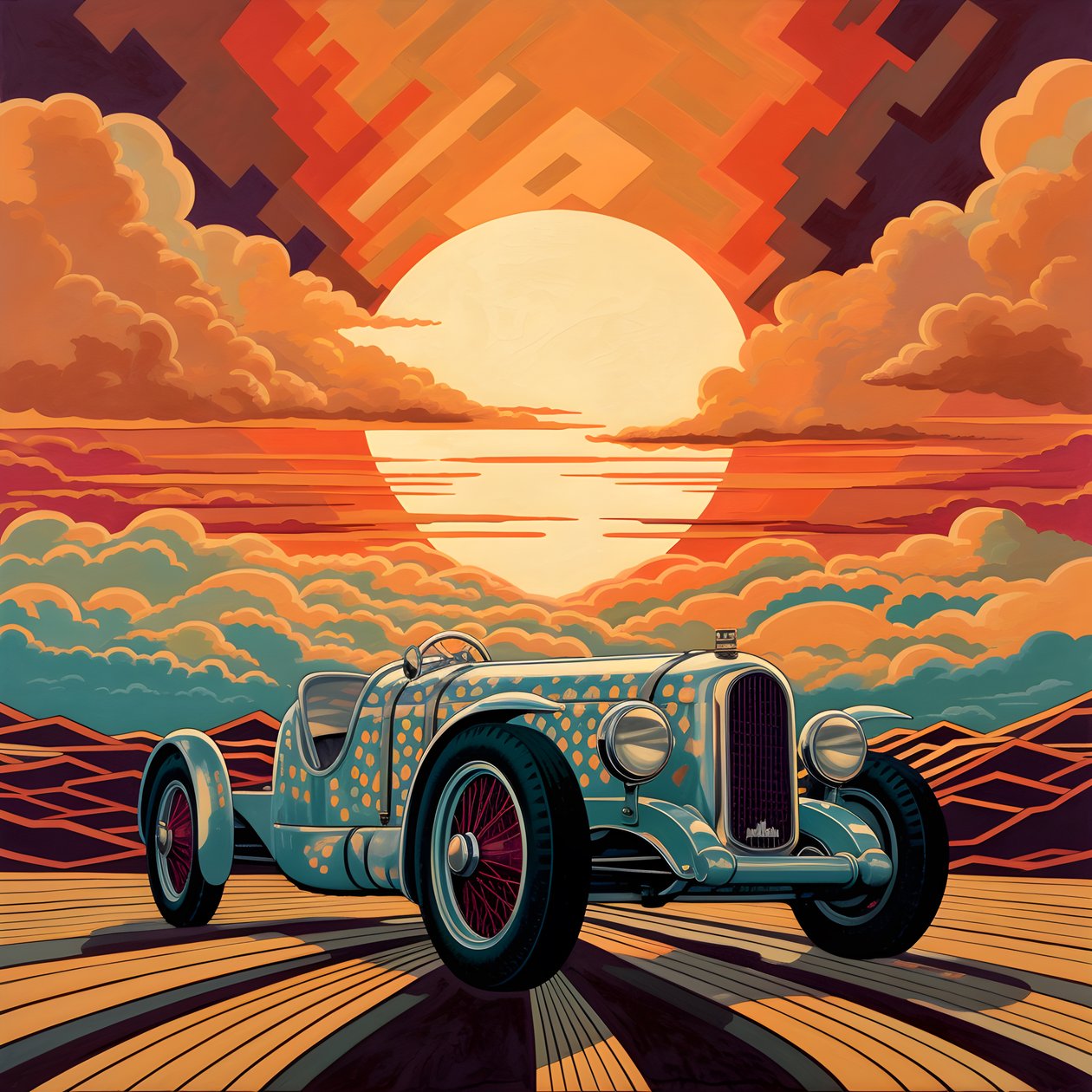 smukt, elegant, minimalistisk, quiltet mesterværk i den kunstneriske stil af Shepard Fairey::1 til minde om Monaco Grand Prix i 1940, historiske racerbiler, der konkurrerer mod hinanden. 3 af Kurt Heppke