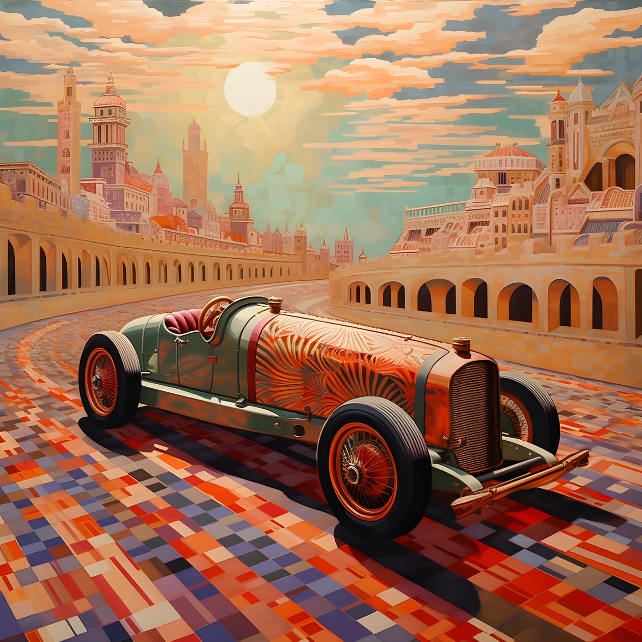 smukt, elegant, minimalistisk, quiltet mesterværk i den kunstneriske stil af Shepard Fairey::1 til minde om Monaco Grand Prix i 1940, historiske racerbiler, der konkurrerer mod hinanden. 4 af Kurt Heppke