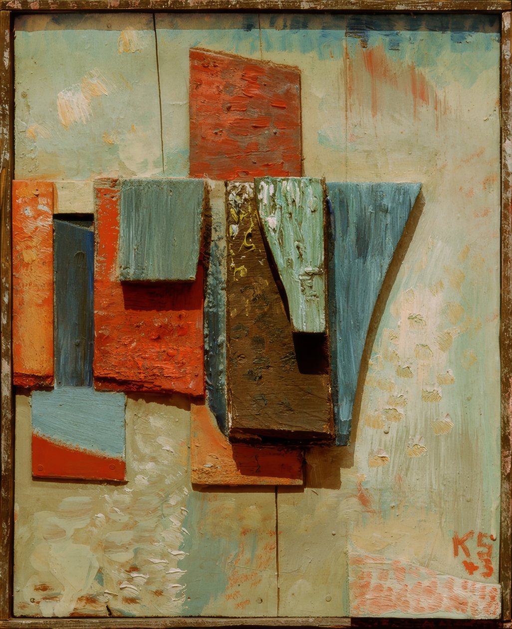 Farvet trækonstruktion af Kurt Schwitters