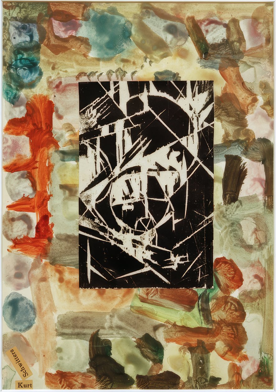 Uden titel (collage med træsnit på abstrakt maleri) af Kurt Schwitters