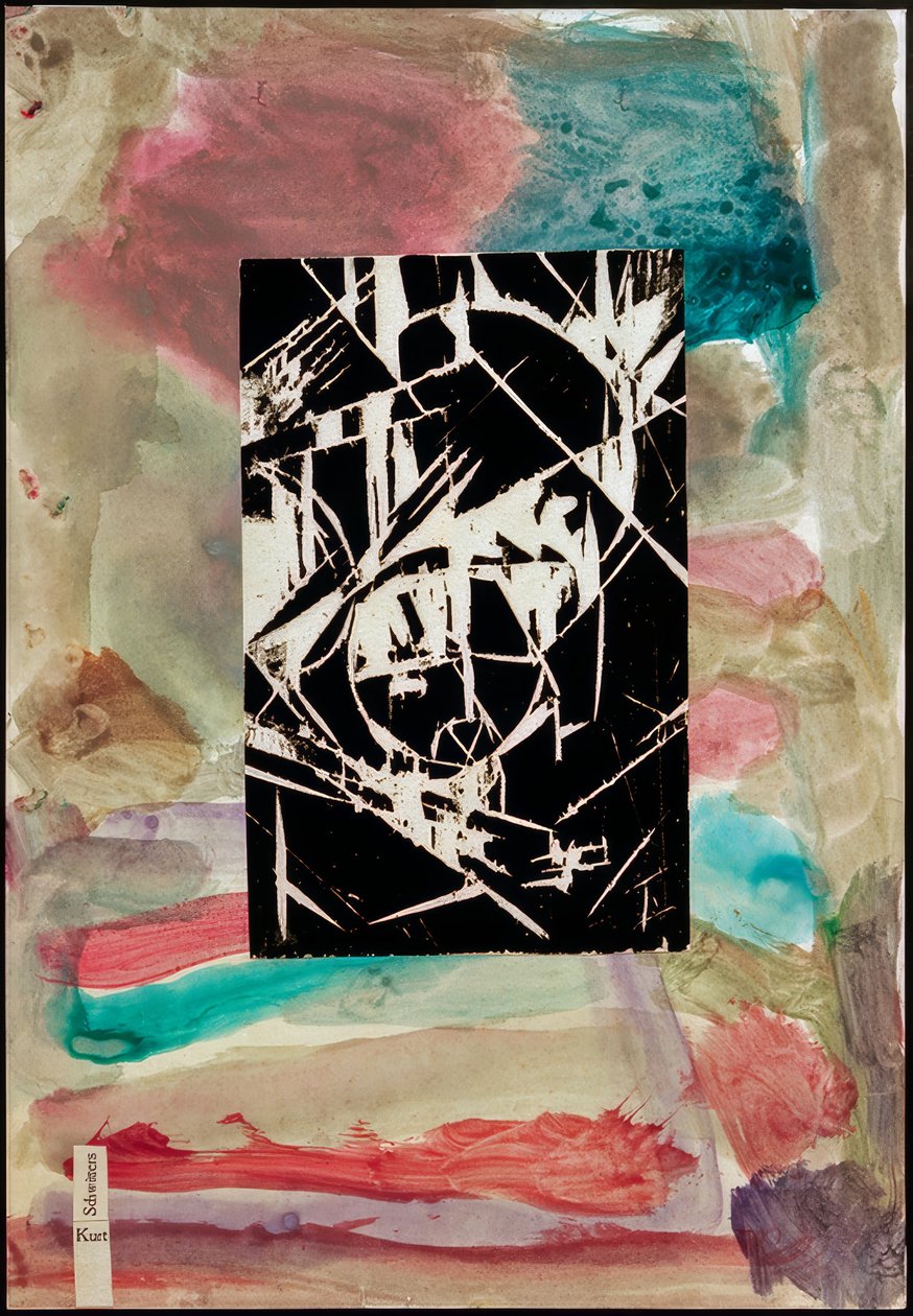 Uden titel (Collage med træsnit på abstrakt maleri) af Kurt Schwitters