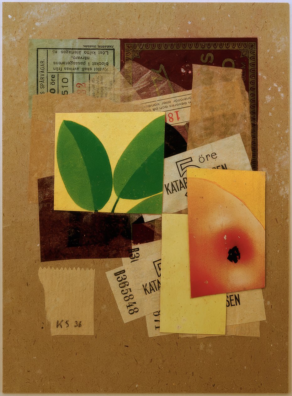 Uden titel (Med stykke æble og grønne blade) af Kurt Schwitters