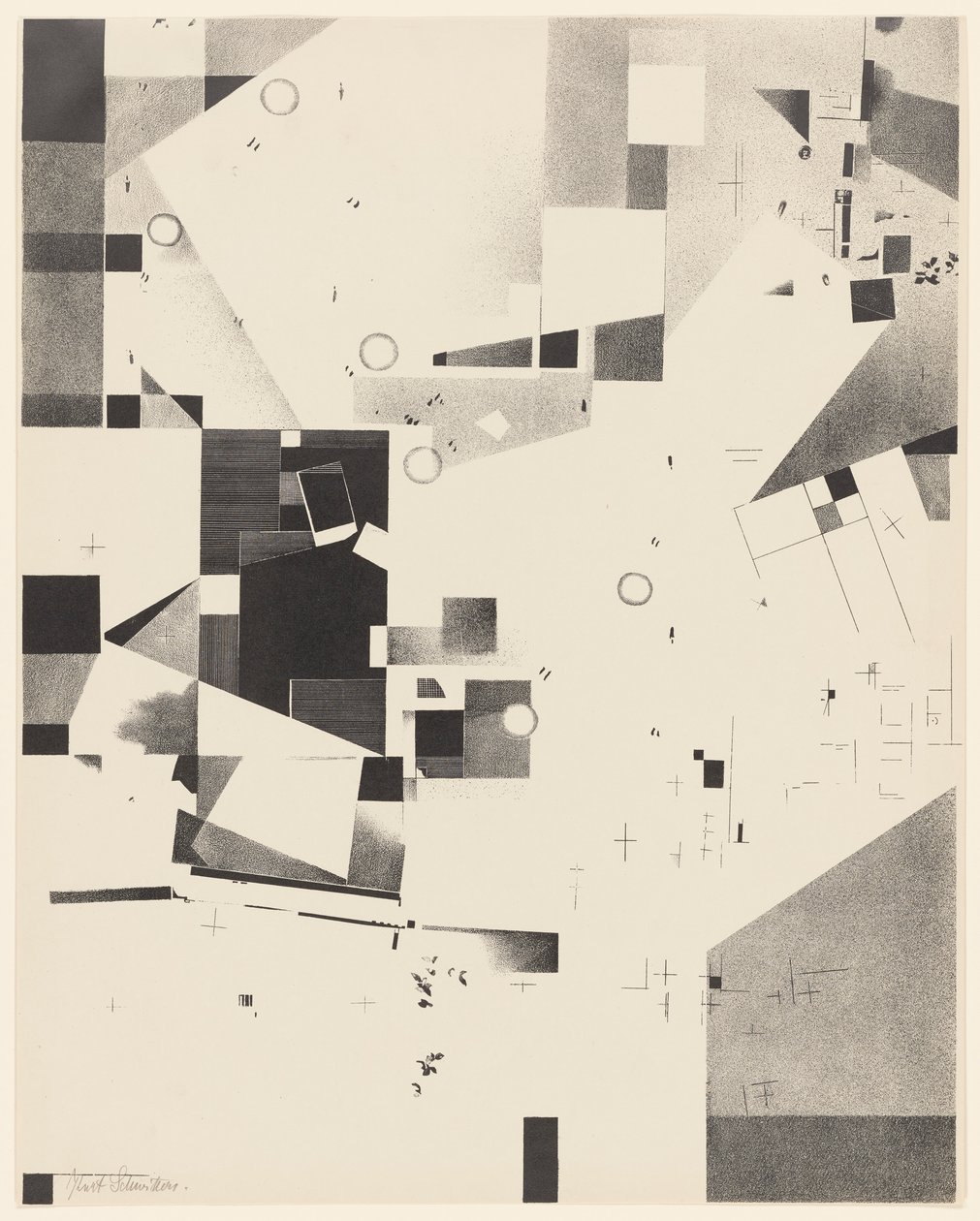 Uden titel, nr. 1 af 6 fra porteføljen Merz 3. Kurt Schwitters 6 litografier. Merz mappe. Første portefølje af Merz forlag (Merz 3. Kurt Schwitters 6 lithos. Merz Portfolio. Første Portfolio af Merz Publisher) af Kurt Schwitters