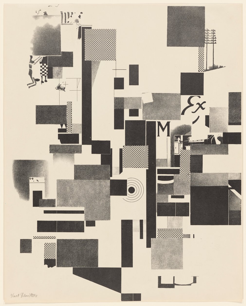 Uden titel, nr. 2 af 6 fra porteføljen Merz 3. Kurt Schwitters 6 litografier. Merz mappe. Første portefølje af Merz forlag (Merz 3. Kurt Schwitters 6 lithos. Merz Portfolio. Første Portfolio af Merz Publisher) af Kurt Schwitters