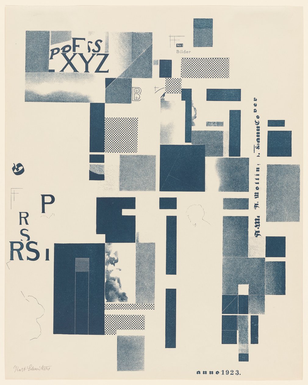 Uden titel, nr. 3 af 6 fra porteføljen Merz 3. Kurt Schwitters 6 litografier. Merz mappe. Første portefølje af Merz forlag (Merz 3. Kurt Schwitters 6 lithos. Merz Portfolio. Første Portfolio af Merz Publisher) af Kurt Schwitters