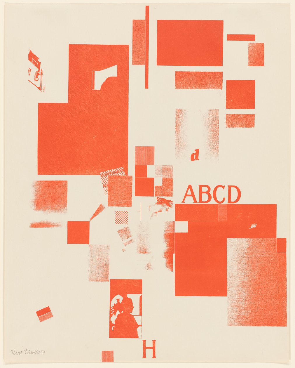 Uden titel, nr. 4 af 6 fra porteføljen Merz 3. Kurt Schwitters 6 litografier. Merz mappe. Første portefølje af Merz forlag (Merz 3. Kurt Schwitters 6 lithos. Merz Portfolio. Første Portfolio af Merz Publisher) af Kurt Schwitters