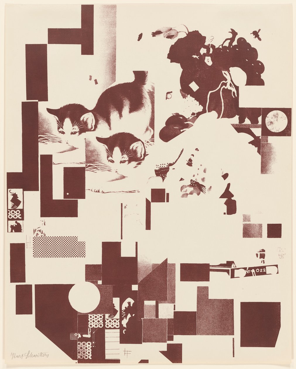 Uden titel, nr. 5 af 6 fra porteføljen Merz 3. Kurt Schwitters 6 litografier. Merz mappe. Første portefølje af Merz forlag (Merz 3. Kurt Schwitters 6 lithos. Merz Portfolio. Første Portfolio af Merz Publisher) af Kurt Schwitters