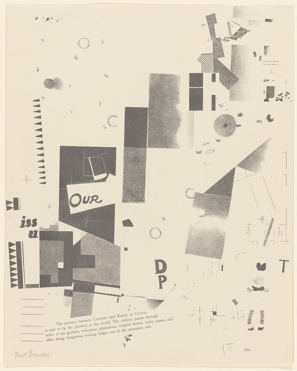 Uden titel, nr. 6 af 6 fra porteføljen Merz 3. Kurt Schwitters 6 litografier. Merz mappe. Første portefølje af Merz forlag (Merz 3. Kurt Schwitters 6 lithos. Merz Portfolio. Første Portfolio af Merz Publisher) af Kurt Schwitters