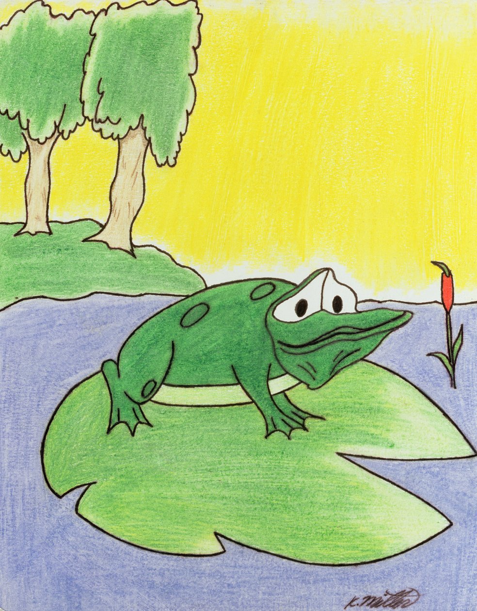 Lily Pad Frog, 2005 (farveblyant på papir) af Kurtis L. Miller