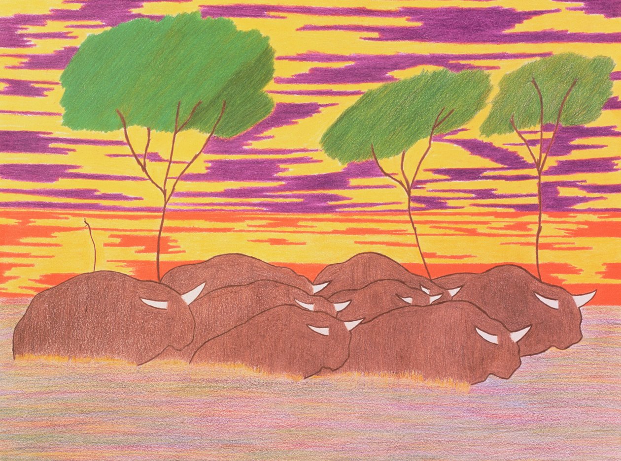 March of the Water Buffalo, 2004 (farveblyant på papir) af Kurtis L. Miller