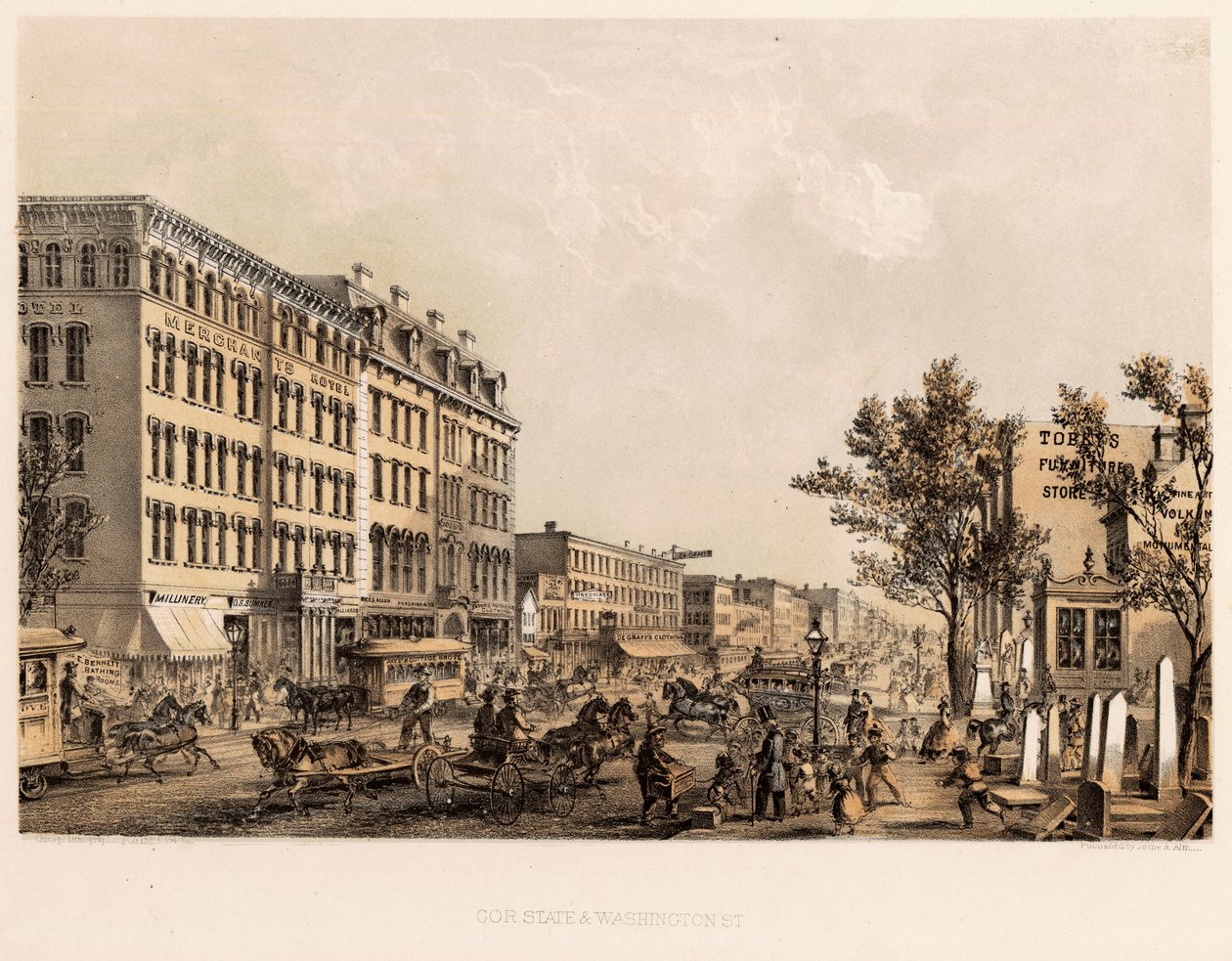 Hjørnet af State og Washington Streets, Chicago, ca. 1867 af Kurz and Allison