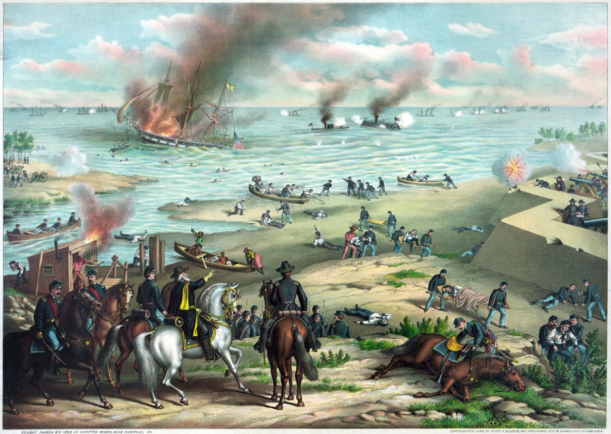 Den amerikanske borgerkrig (1861-1865): Slaget ved Hampton Roads 8.-9. marts af Kurz and Allison