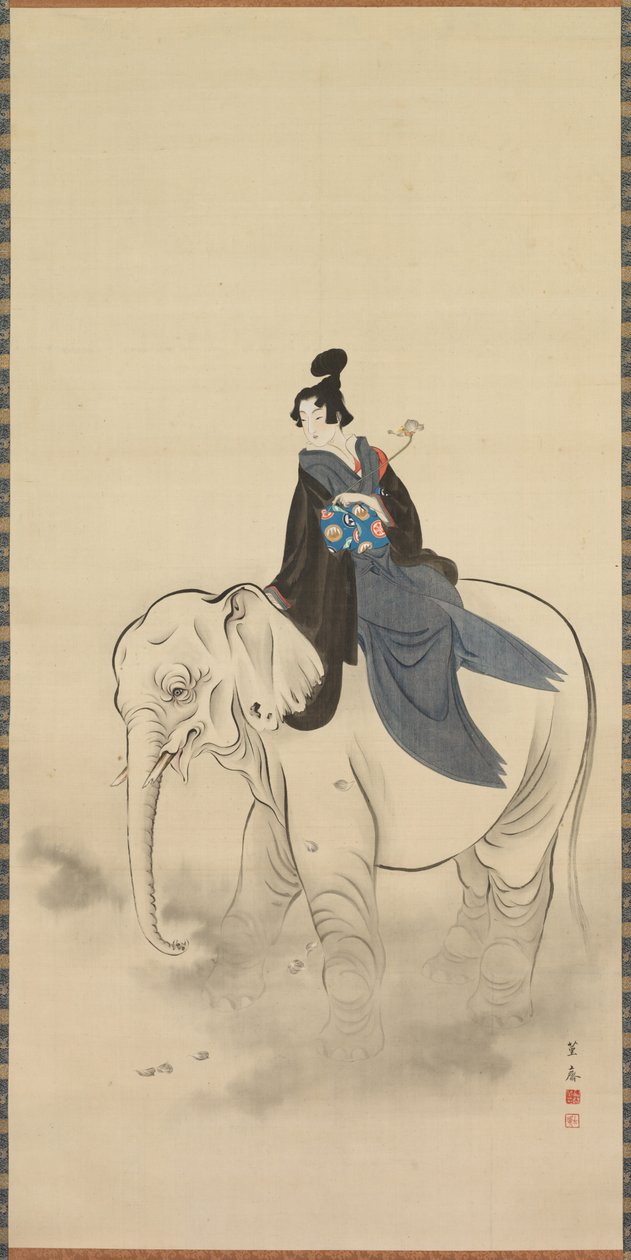 Courtesan Riding an Elephant Parodi på Bodhisattva Fugen, 1800-tallet. af Kuwagata Keisai