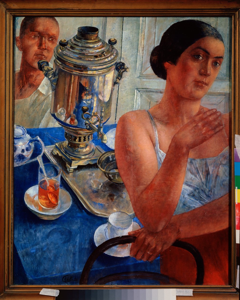 Omkring samovaren. (Scene i dagligdagen, et par drikker te). Maleri af Kuzma Sergeyevich Petrov Vodkin (Petrov-Vodkin) (Kouzma Petrov Vodkin) (Petrov-Vodkin) (1878-1939), olie på lærred af Kuzma Sergeevich Petrov Vodkin