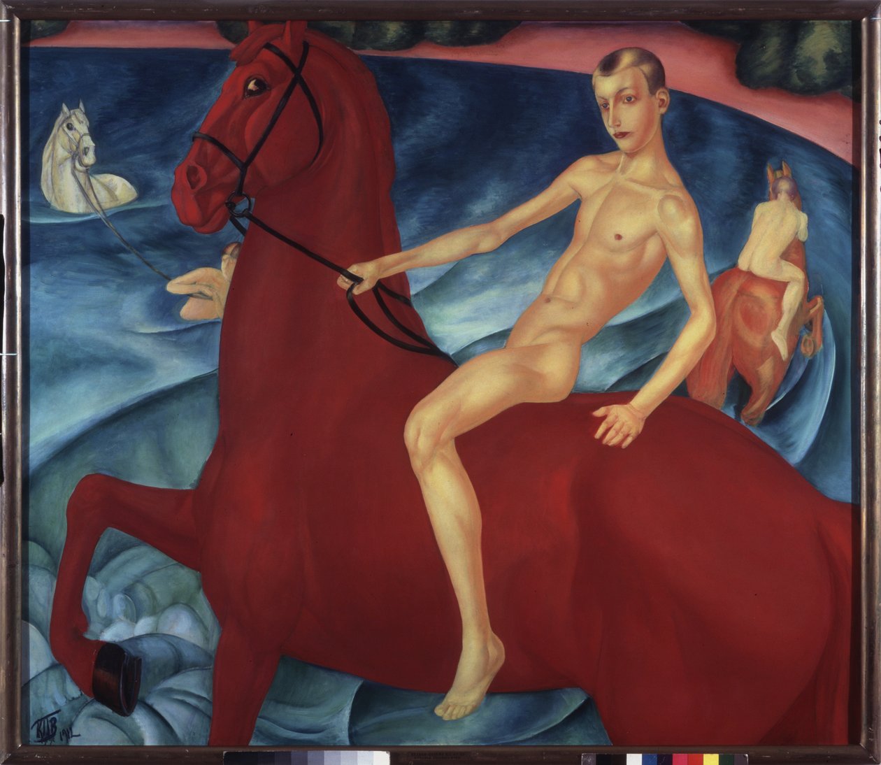 Badning af en rød hest. Maleri af Kuzma Sergeevich Petrov Vodkin (Petrov-Vodkin) (Kouzma Petrov Vodkin) (Petrov-Vodkin) (1878-1939), olie på lærred af Kuzma Sergeevich Petrov Vodkin