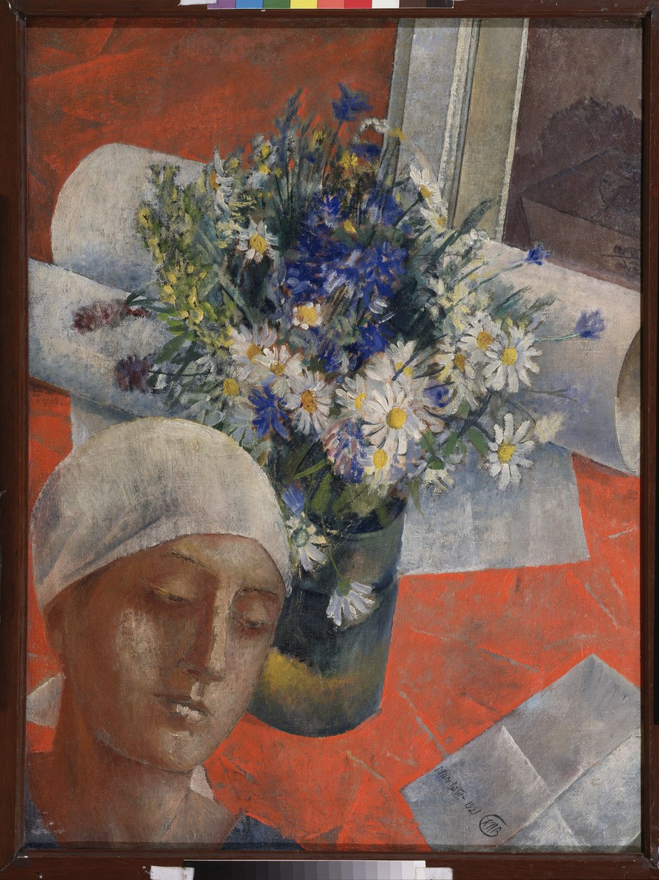 Blomster og en kvindes hoved. Maleri af Kuzma Sergeevich Petrov Vodkin (Petrov-Vodkin) (Kouzma Petrov Vodkin) (Petrov-Vodkin) (1878-1939), olie på lærred af Kuzma Sergeevich Petrov Vodkin