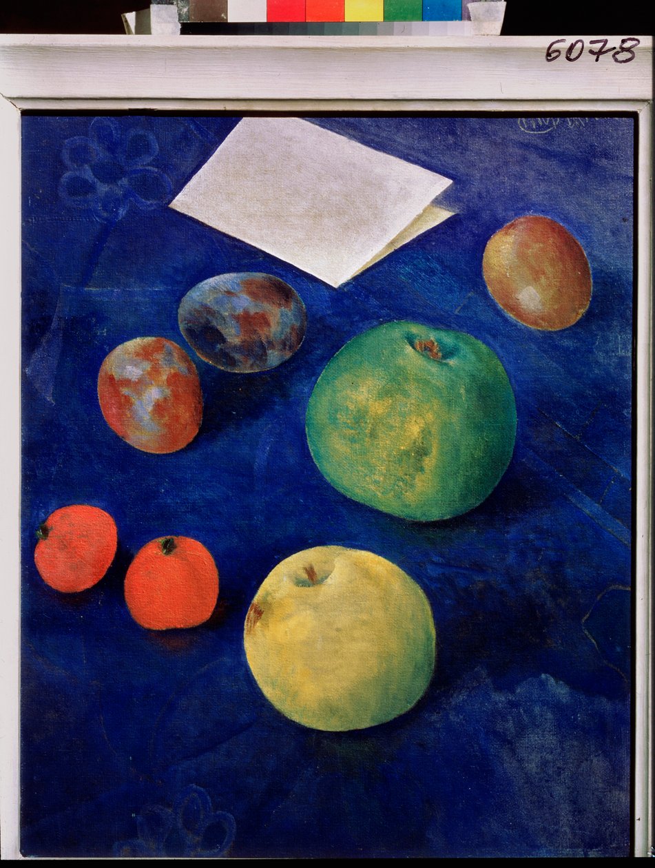 Frugter på en blå dug. Maleri af Kuzma Sergeevich Petrov Vodkin (Petrov-Vodkin) (Kouzma Petrov Vodkin) (Petrov-Vodkin) (1878-1939), olie på lærred af Kuzma Sergeevich Petrov Vodkin
