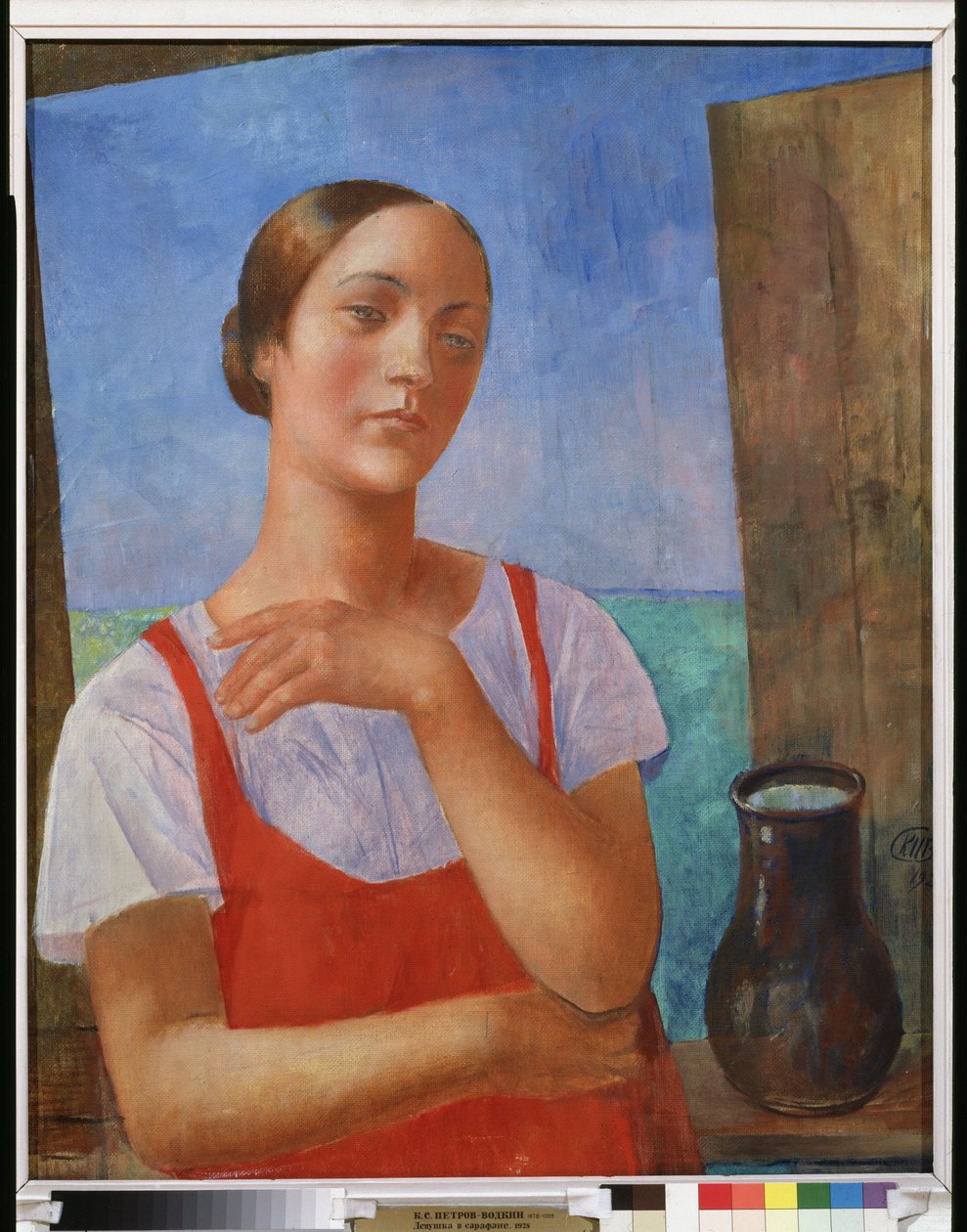 Ung kvinde i en sommerkjole. Maleri af Kuzma Sergeevich Petrov Vodkin (Petrov-Vodkin) (Kouzma Petrov Vodkin) (Petrov-Vodkin) (1878-1939), olie på lærred af Kuzma Sergeevich Petrov Vodkin