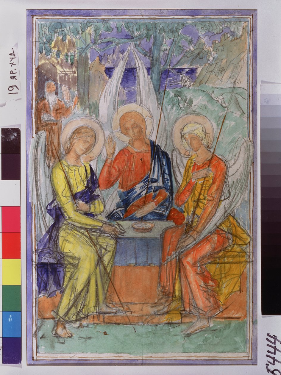 Den hellige treenighed. Repræsentation af de tre engle, der viste sig for Abraham nær Chene de Mambre. Værk af Kuzma Sergeyevich Petrov Vodkin (Petrov-Vodkin) (Kouzma Petrov Vodkin) (Petrov-Vodkin) (1878-1939), akvarel på papir af Kuzma Sergeevich Petrov Vodkin