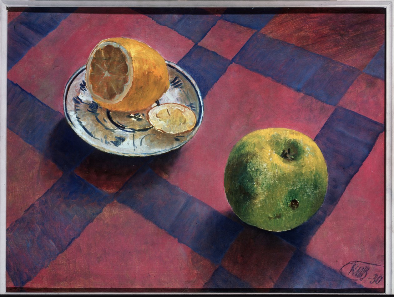 Æble og citron. (Æble og citron). Maleri af Kuzma Sergeevich Petrov Vodkin (Petrov-Vodkin) (Kouzma Petrov Vodkin) (Petrov-Vodkin) (1878-1939), olie på lærred af Kuzma Sergeevich Petrov Vodkin