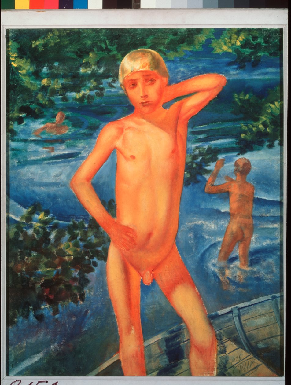 Drenge bader. Maleri af Kuzma Sergeevich Petrov Vodkin (Petrov-Vodkin) (Kouzma Petrov Vodkin) (Petrov-Vodkin) (1878-1939), olie på lærred af Kuzma Sergeevich Petrov Vodkin