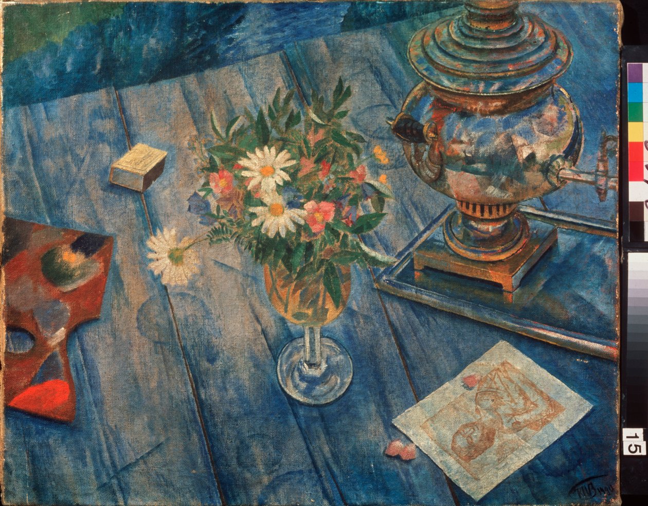 Still Life With Samovar. Maleri af Kuzma Sergeevich Petrov Vodkin (Petrov-Vodkin) (Kouzma Petrov Vodkine) (Petrov-Vodkine) (1878-1939), olie på lærred af Kuzma Sergeevich Petrov Vodkin