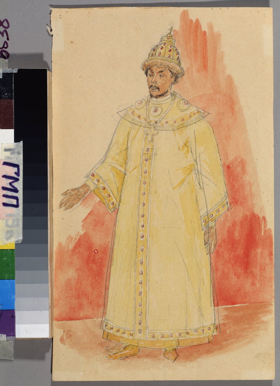Kostumeprojekt til operaen ""Boris Godunov"" af Modest Mussorgsky (1839-1881). Værk af Kuzma Sergeyevich Petrov Vodkin (Petrov-Vodkin) (Kouzma Petrov Vodkin) (Petrov-Vodkin) (1878-1939), blyant og akvarel på papir af Kuzma Sergeevich Petrov Vodkin