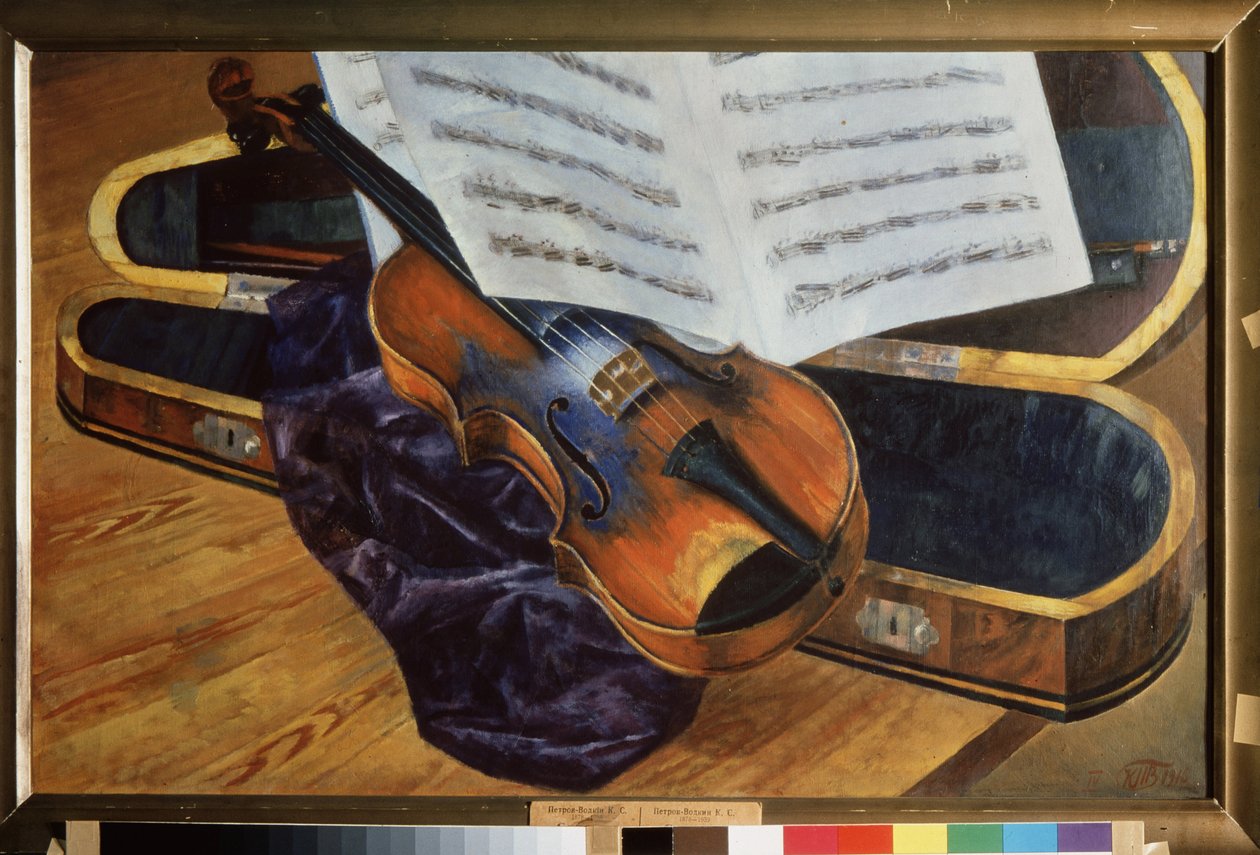 Violin i en sag (Violin i en sag). Maleri af Kuzma Sergeyevich Petrov Vodkin (Petrov-Vodkin) (Kouzma Petrov Vodkin) (Petrov-Vodkin) (1878-1939), olie på lærred af Kuzma Sergeevich Petrov Vodkin
