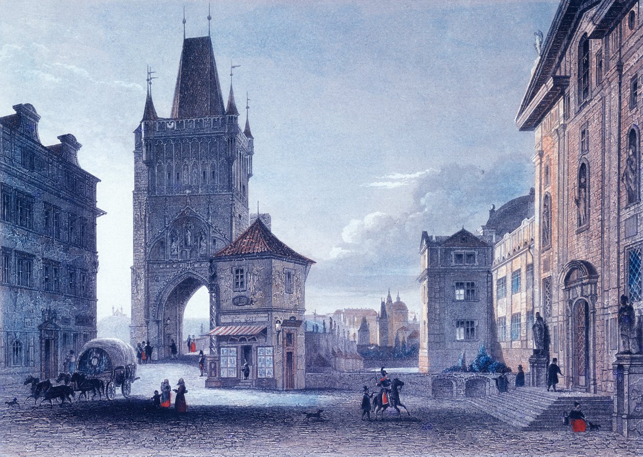 Old Town Bridge Tower, ca. 1840 (farvet stålgravering) af L. and Poppel, J. Lange