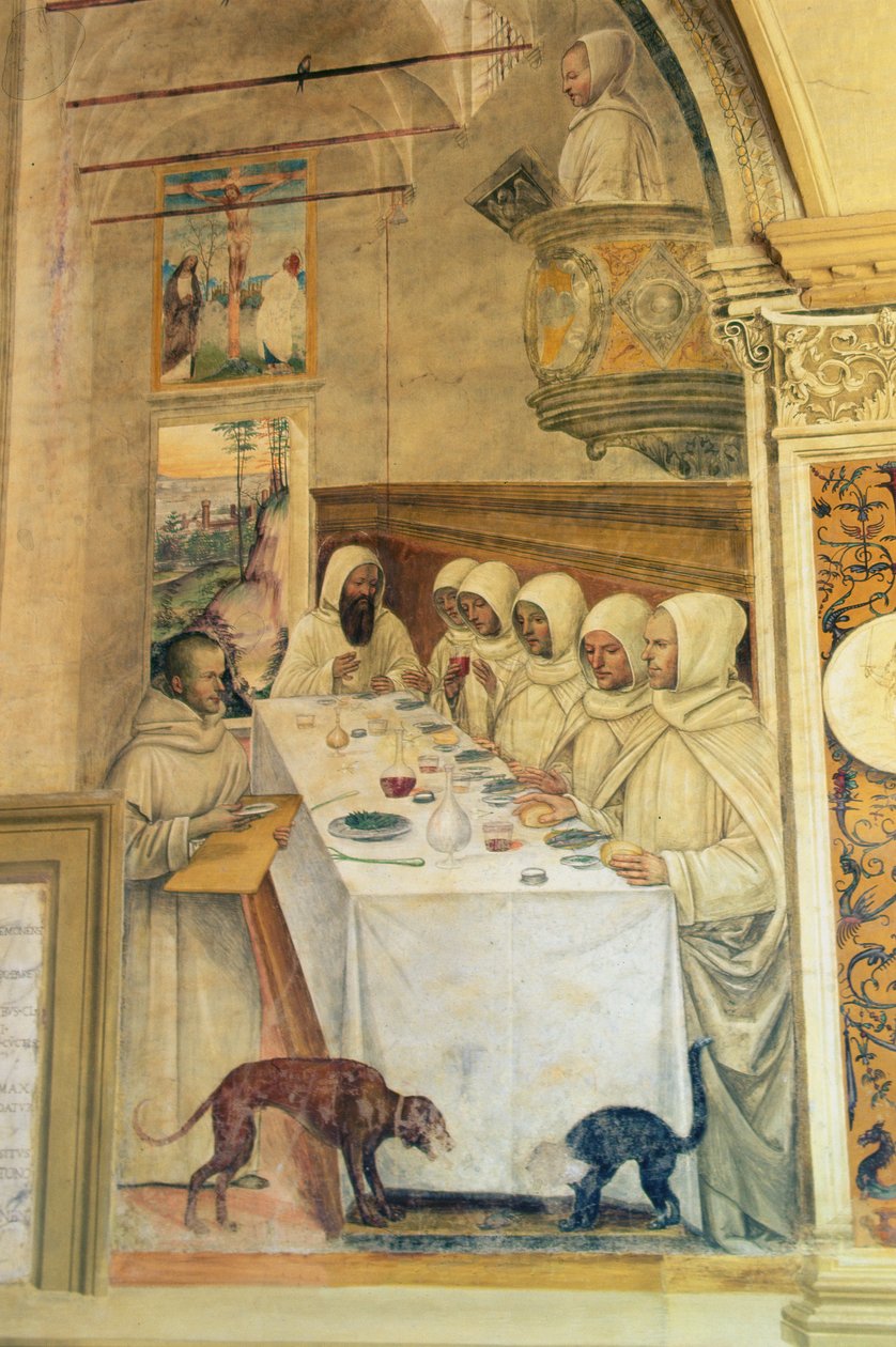 St. Benedict finder mel og fodrer munkene, fra St. Benedikts liv, 1497-98 af L. and Sodoma, G. Signorelli