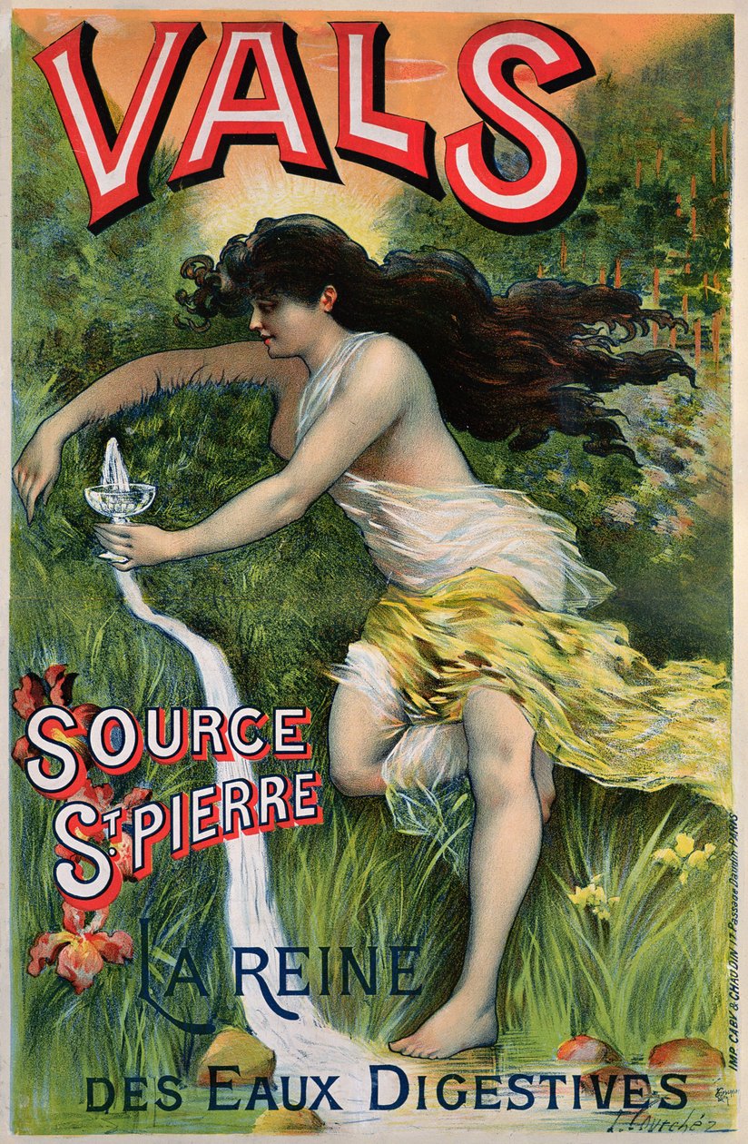 Plakat med reklame for Source St. Pierre, eau de Vals, naturligt mineralvand af L. Courchez