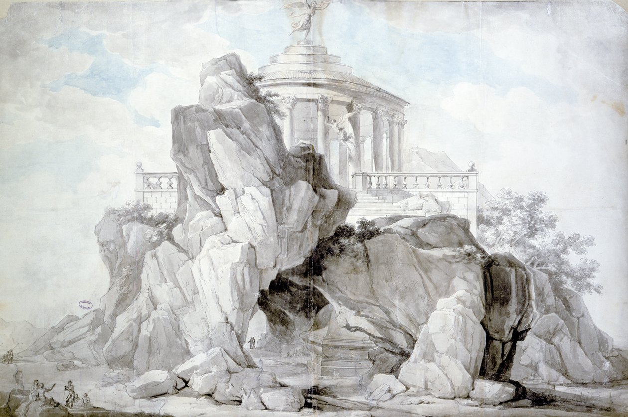 Projekt for et kunstigt bjerg til ære for Fornuftens Festival, der skal opføres i en offentlig have i Bordeaux, 1795 (wc på papir) af L. Dutourd