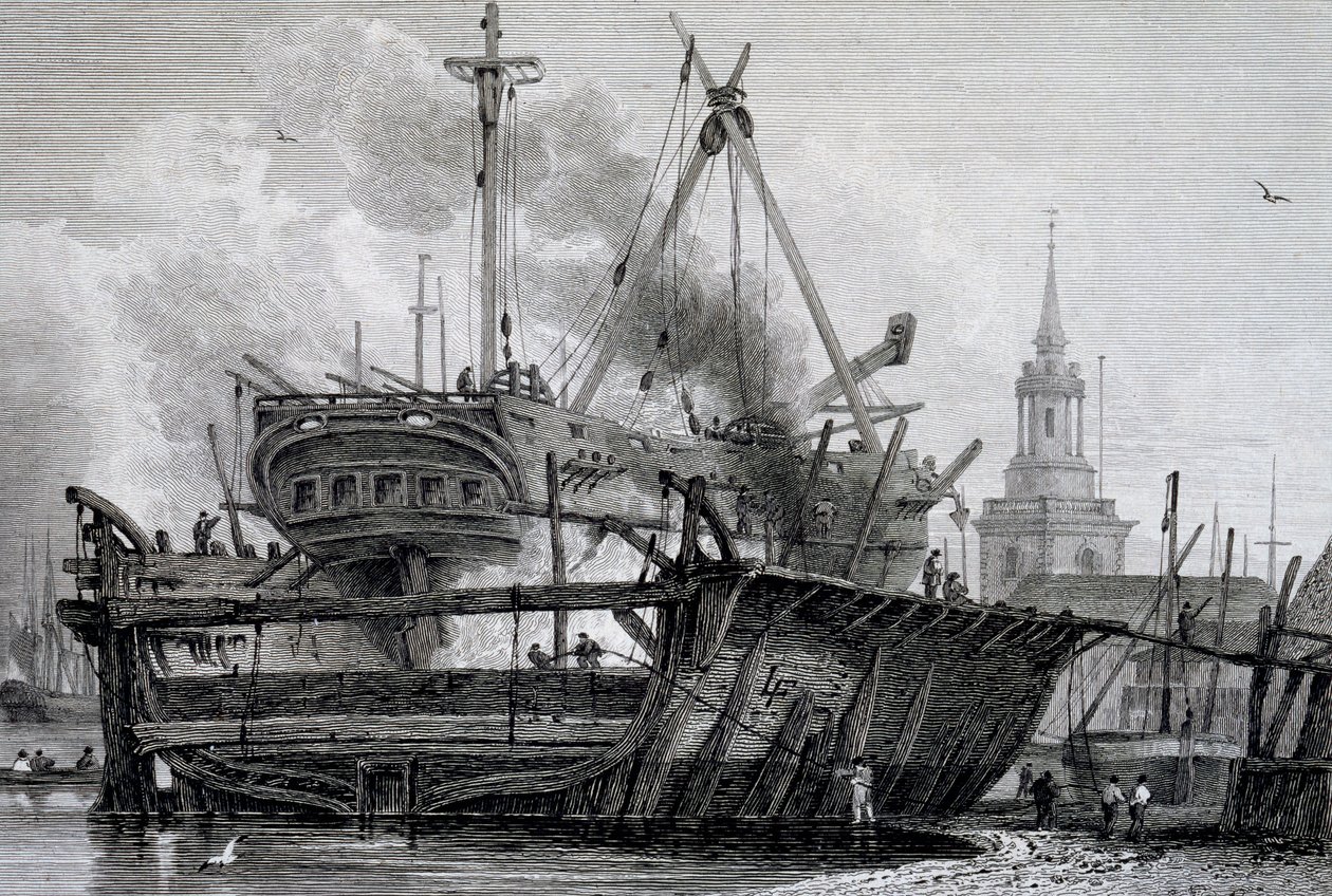 Rotherhithe, den flydende dok i 1815, indgraveret af J. C. Allen, fra Views on the Thames udgivet af WB & George Cooke, 1822 af L. Francia