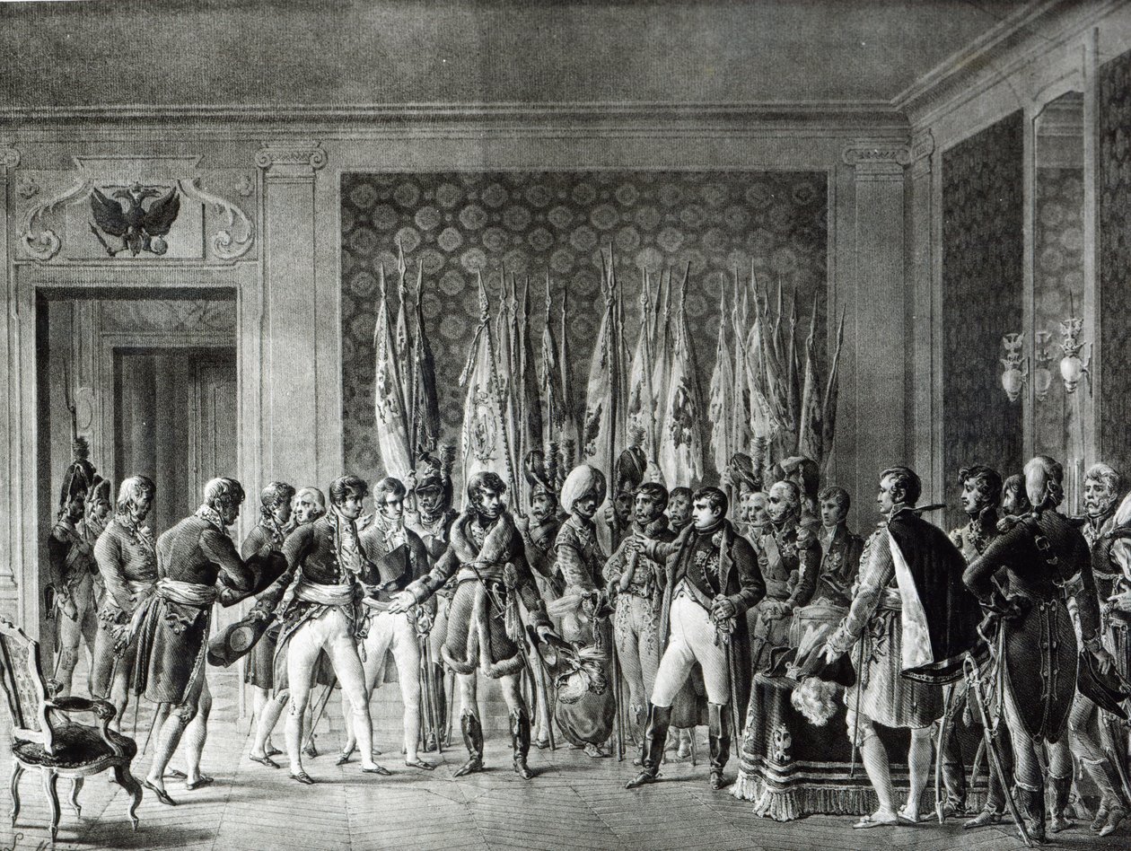 Napoleon giver flagene vundet i Austerlitz i 1805 til borgmestrene i Paris, der besøger ham i Schonbrunn af L. Marin