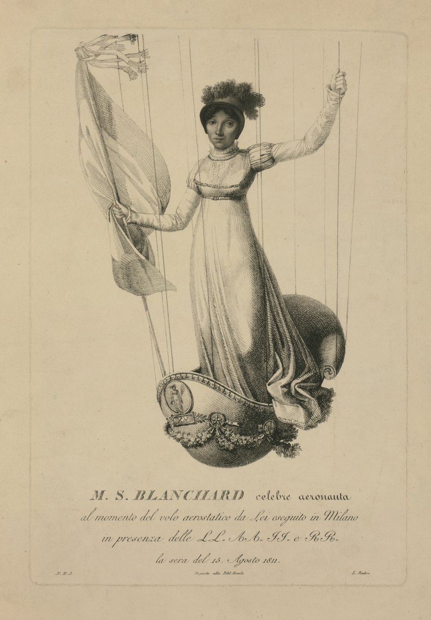 Sophie Blanchard i kurven med sin ballon under hendes Milano-flyvning i nærværelse af Napoleon, 1811 af L. Rados