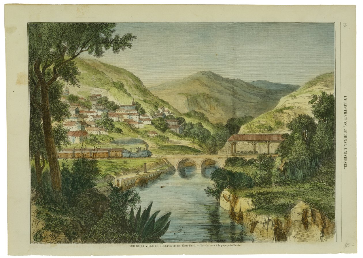 Vue de la Ville de Houston, ca. 1855-1865 (håndfarvet trægravering på vævet træmassepapir) af L. after Regnier