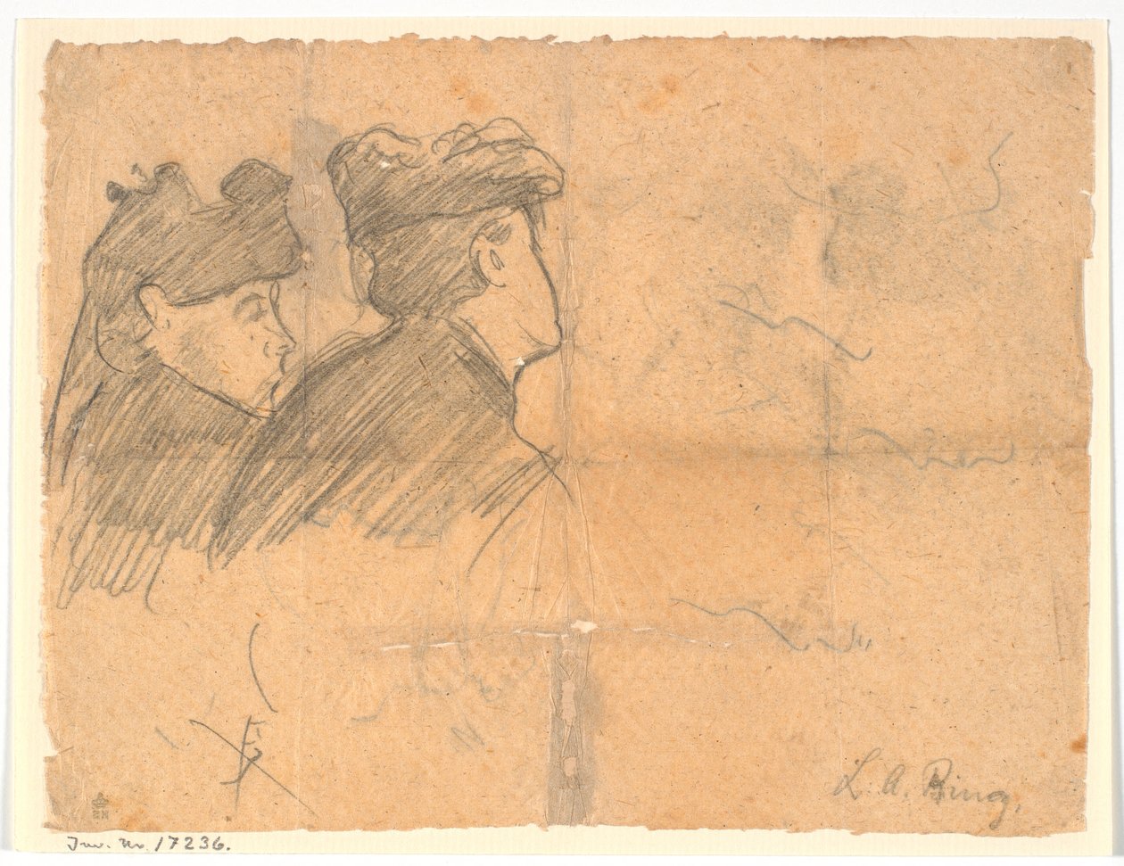 Profilstudie af to kvindehoveder med hat af Laurits Andersen Ring