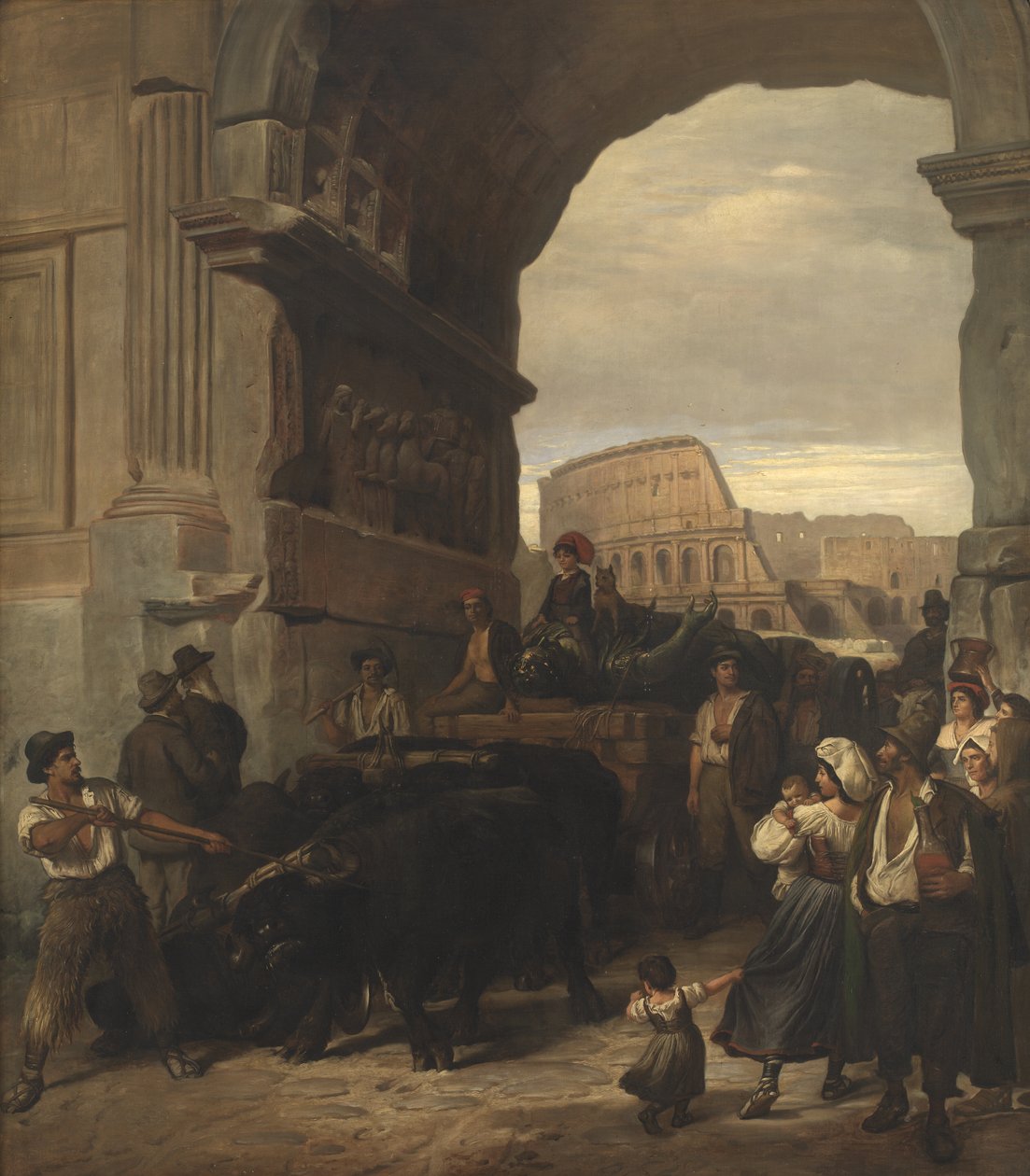 Romerske arbejdere, der transporterer en antik kejserstatue fra Colosseum gennem Titusbuen til de kapitolinske museer af L.A. Schou
