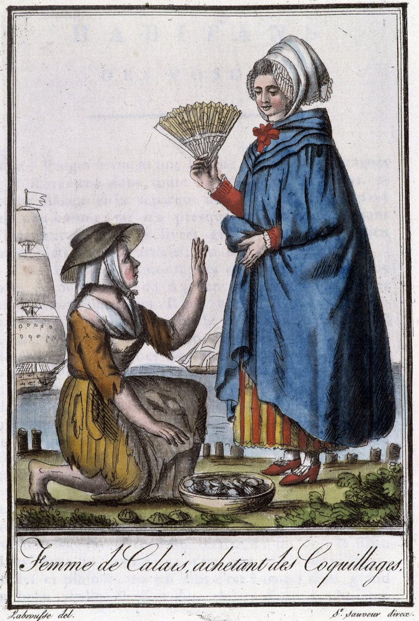 Femme de Calais køber skaller - i "" Encyclopedia of travels"" af J. Grasset St. Sauveur, Deron, Paris af L.F. Labrousse