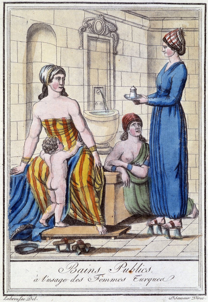 Offentlige bade til brug for tyrkiske kvinder - i "" Encyclopedia of travels"" af J. Grasset St. Sauveur, Deroy, Paris af L.F. Labrousse