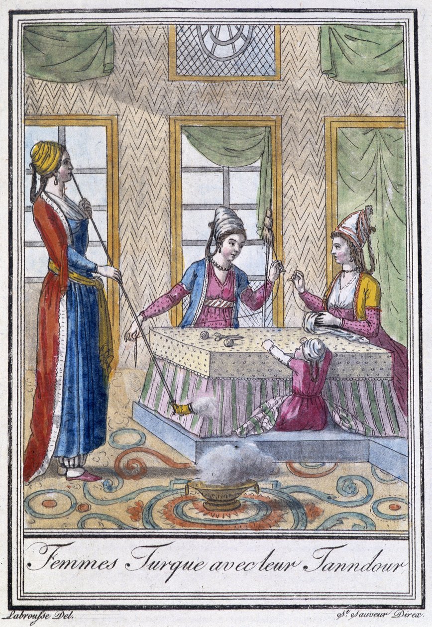 Tyrkiske kvinder med deres Tanndour - i "" Encyclopedia of Travels"" af J. Grasset St. Sauveur, red. Deroy, Paris af L.F. Labrousse