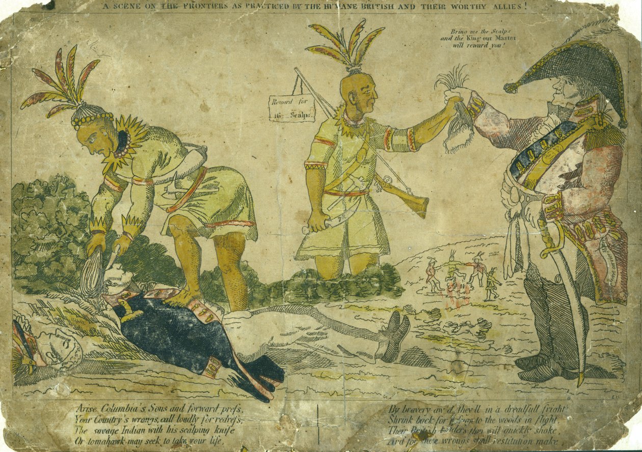 Vandret håndfarvet gravering, der viser en britisk officer, der betaler amerikanske indianere til hovedbunden og amerikansk soldat af LG after William Charles