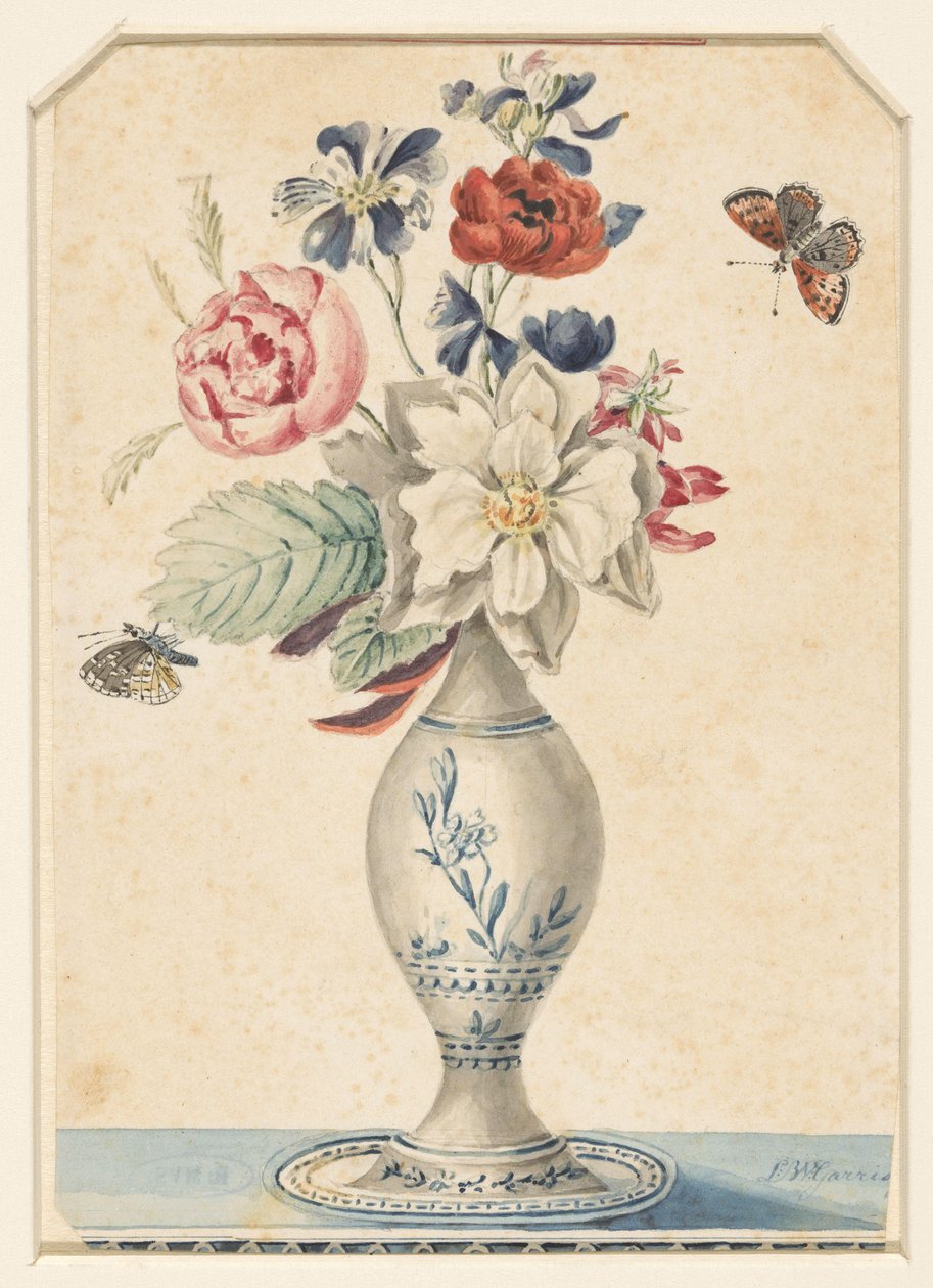 Vase med blomster og en grå-gul sommerfugl af L.W. Garrison